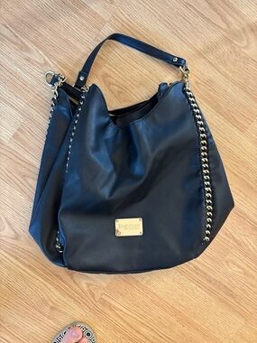bebe Black Pebbled Hobo with Gold Chain Trim